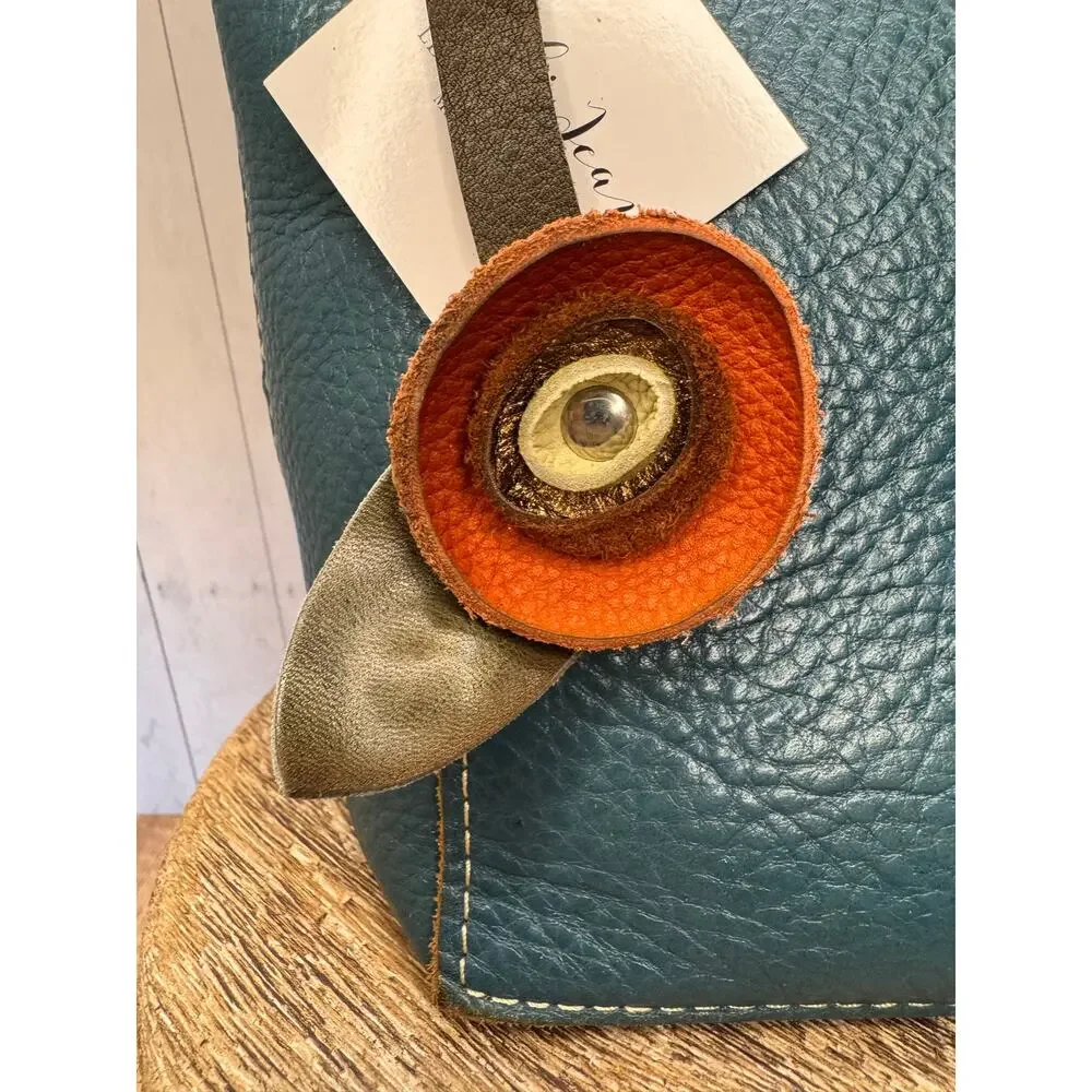 Genuine Leather Round Flower Purse Charm Red Gold White Boho Bag Charm
